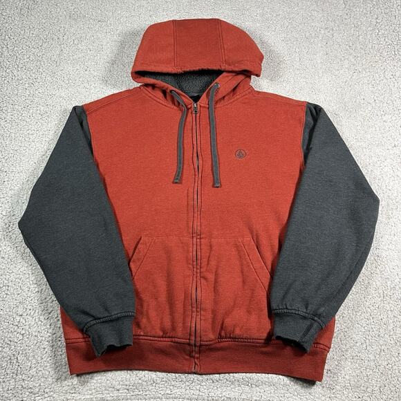 Volcom Hoodie Mens M Red Full Zip Sweatshirt Skate Fleece Lined Pockets Y2K - Picture 1 of 13